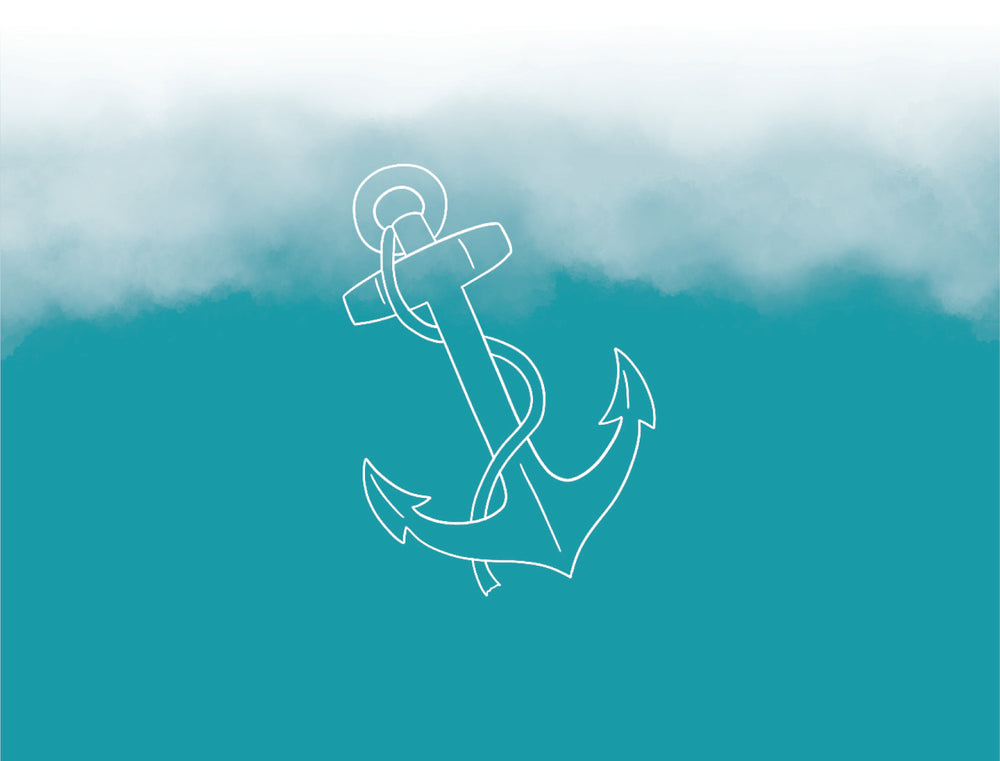 Greeting Card With White Outline Of Anchor on Light Blue Background With White Clouds - Blank Inside